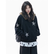 美式复古毛领连帽开衫卫衣女设计感烫钻星星宽松外套WB6018，女装短外套，星座1116A（原606A-3）