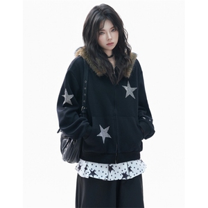 美式复古毛领连帽开衫卫衣女设计感烫钻星星宽松外套 WB6018图片