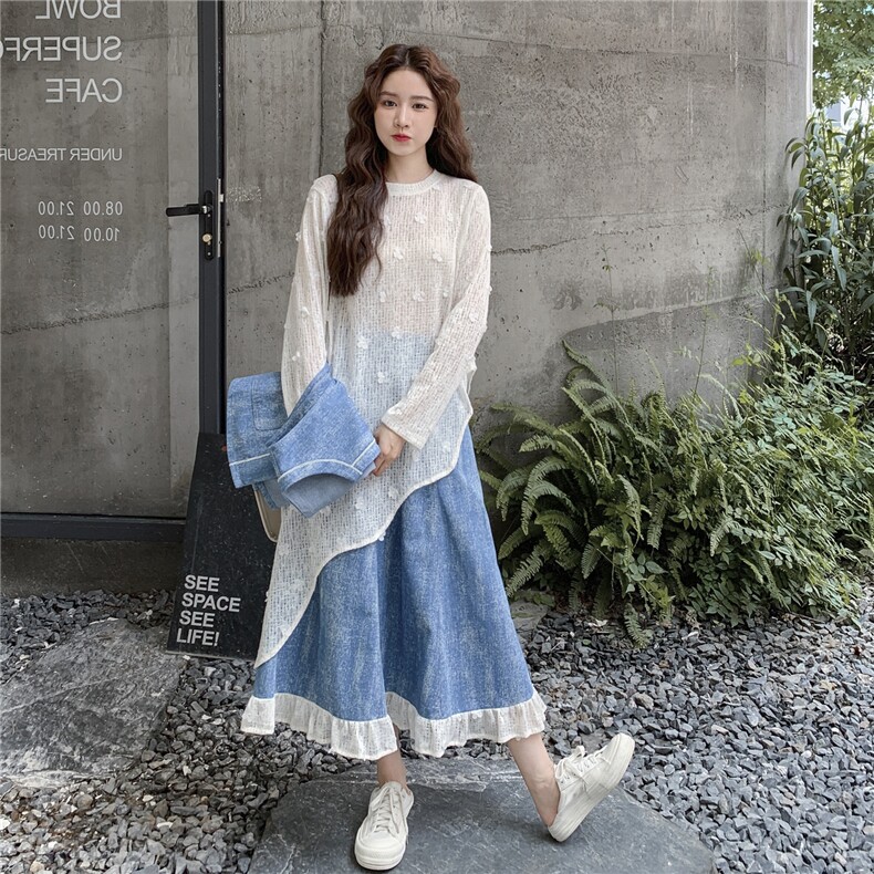 蓝色小清新牛仔提花套装裙女春秋新款小个子显瘦马甲半身裙三件套,女装套装/套裙,秋水欣儿