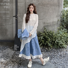 蓝色小清新牛仔提花套装裙女春秋新款小个子显瘦马甲半身裙三件套，女装套装/套裙，秋水欣儿