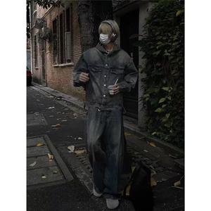 1506-1/JJ441牛仔外套-高品质/P80复古连帽牛仔夹克男女外套潮流图片