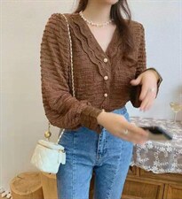 2021秋季新款小香风V领蕾丝花边长袖褶百搭上衣，其它，L·H·X