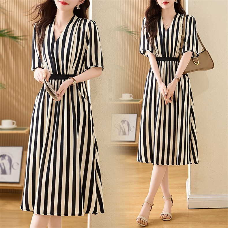 条纹连衣裙女夏2025十三行高端法式气质收腰显瘦洋气短袖v领裙子，女装连衣裙，多彩