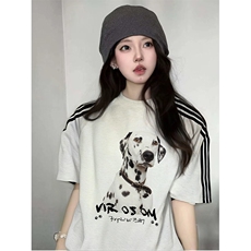 抖音得物品质二开240克宽松纯棉美式潮牌印花三条杠中性风短袖T恤，男装T恤，电商A486-1