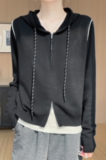 拼色双拉链精纺羊毛开衫女假两件连帽针织衫外套毛衣宽松帽衫上衣，女装针织衫/毛衣，九嘉羊绒