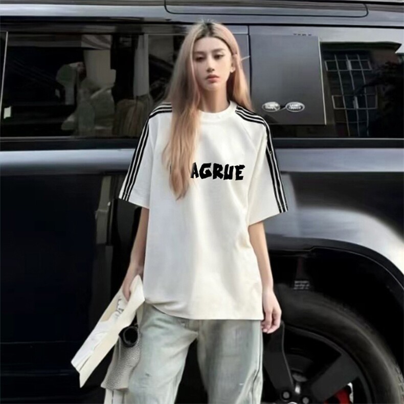 抖音得物品质二开240克宽松纯棉美式潮牌印花三条杠中性风短袖T恤,男装T恤,电商A486-1