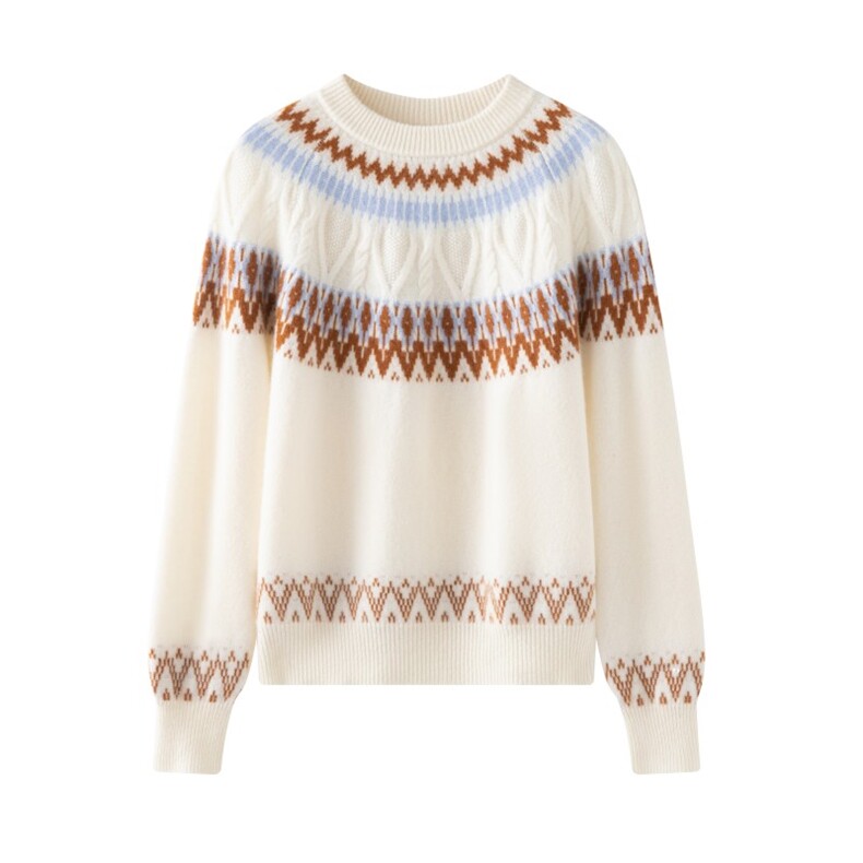 2025秋冬百搭时尚简约费尔岛加厚圆领针织衫，女装针织衫/毛衣，木淼羊绒