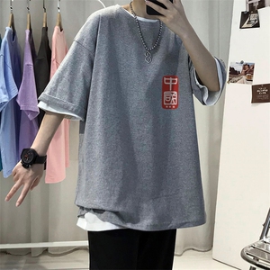 T008常年款男士休闲字母印花T恤衫外套圆领半袖五分袖TEE男女中性图片