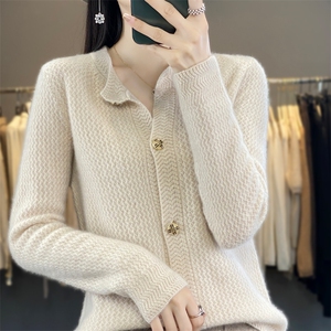 圆领提花100%纯羊毛开衫女秋冬款长袖针织毛衣外套宽松羊绒衫上衣图片