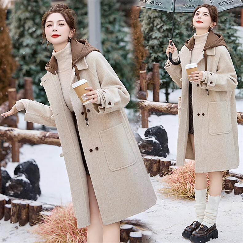 双面羊绒大衣女中长款2024冬季新款小个子高级感时尚连帽毛呢外套，女装双面呢大衣，关键词