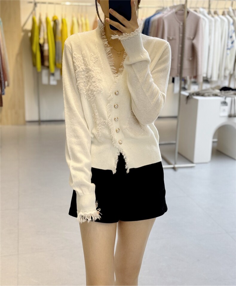 2025年秋季时尚百搭通勤简约休闲流苏手工花开衫，女装羊绒衫，巧奈羊绒