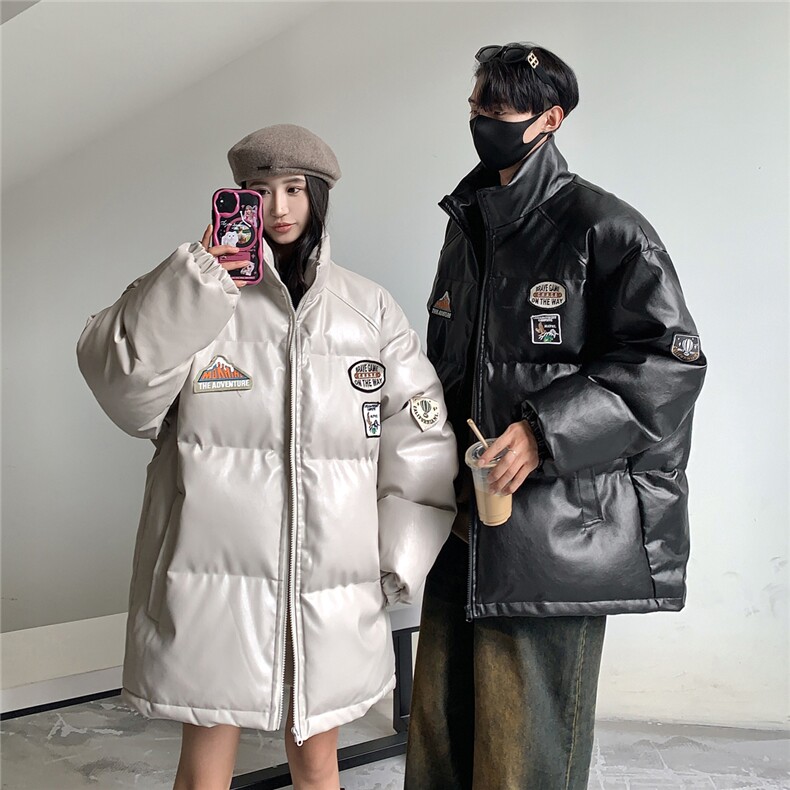 23冬装新款美式复古徽章皮棉服pu情侣棉衣面包服外套男D333P118,男装棉衣,电商A335-1（原A458）