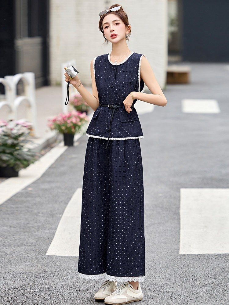 蕾丝花边拼接波点套装裤女2025夏季新款无袖马甲背心阔腿裤两件套,女装套装/套裙,沁沁公主