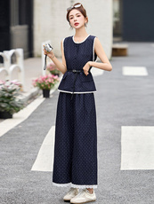 蕾丝花边拼接波点套装裤女2025夏季新款无袖马甲背心阔腿裤两件套，女装套装/套裙，沁沁公主