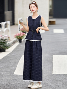 蕾丝花边拼接波点套装裤女2025夏季新款无袖马甲背心阔腿裤两件套图片