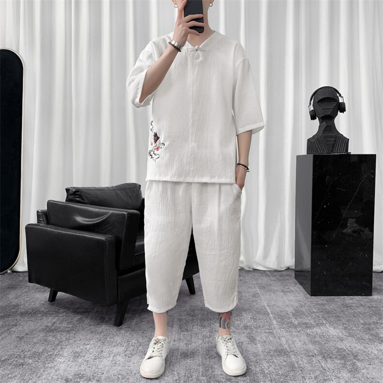 W862P85短句风冰丝短袖潮流薄款套装春夏装V领荷花刺绣风,男装休闲套装,电商A026