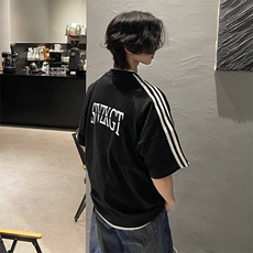 抖音得物高品质二开240克宽松纯棉美式潮牌三条杠织带短袖T恤，男装T恤，电商A486-1