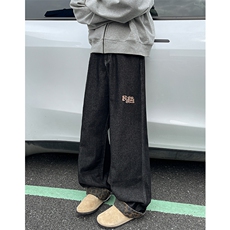 N127-P60美式复古豹纹拼接翻边直筒休闲牛仔裤宽松显瘦潮牌阔腿裤，男装牛仔裤，电商B327