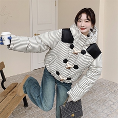 牛角扣复古条纹连帽羽绒服外套女冬季2024新款宽松加厚保暖面包服，女装羽绒服，浙宝208