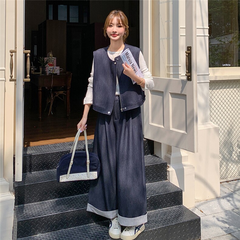 巨好看牛仔马甲条纹阔腿裤套装女春秋俏皮活泼两件套韩系绝美减龄,女装套装/套裙,浙宝069