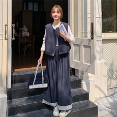 巨好看牛仔马甲条纹阔腿裤套装女春秋俏皮活泼两件套韩系绝美减龄，女装套装/套裙，浙宝069