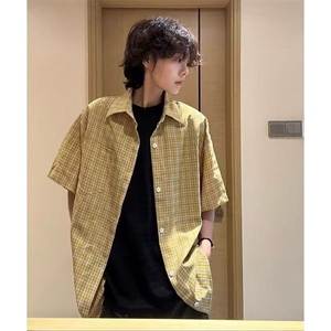 夏季2025新款美式格子短袖衬衫男款潮流帅气情侣宽松防晒衬衣外套图片