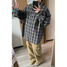 水曜日定休日系复古工装格子衬衫男春秋新款宽松休闲长袖衬衣外套，男装衬衫，星座506A