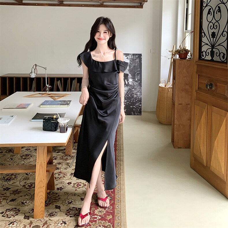 荷叶边一字肩吊带裙优雅连衣裙女2025夏季新款法式度假风显瘦长裙,女装连衣裙,2D034