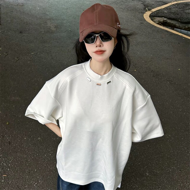 抖音得物品质二开240克宽松纯棉美式高街痞帅潮牌金属装饰短袖T恤,男装T恤,电商A486-1