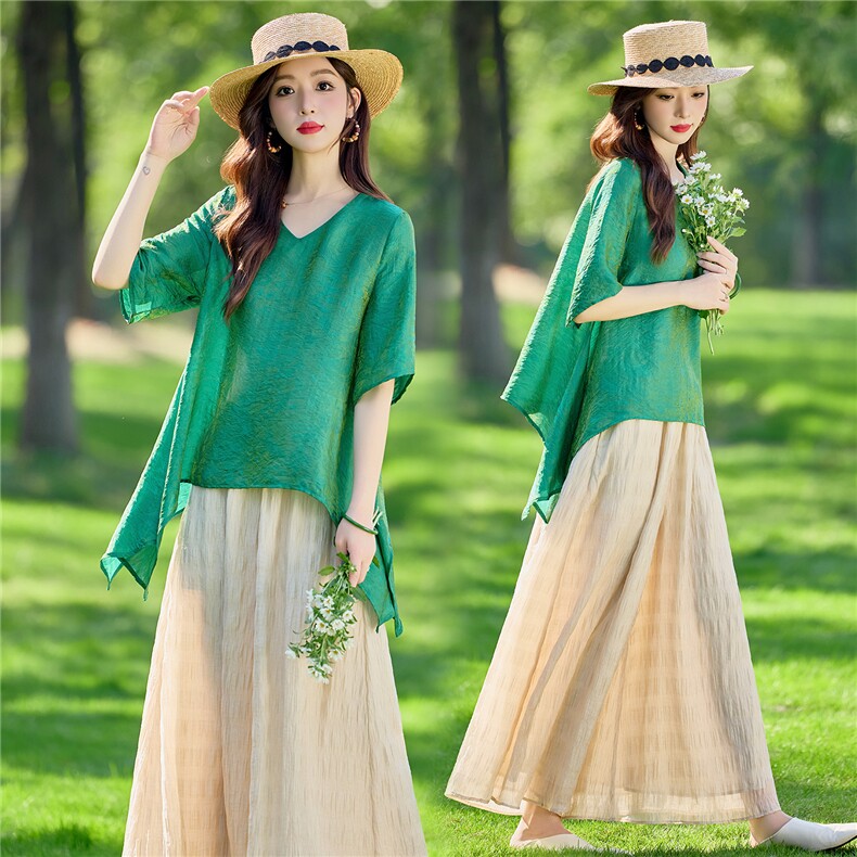 新中式提花休闲套装女春夏宽松显瘦七分袖上衣气质裙裤两件套，女装套装/套裙，水衣源