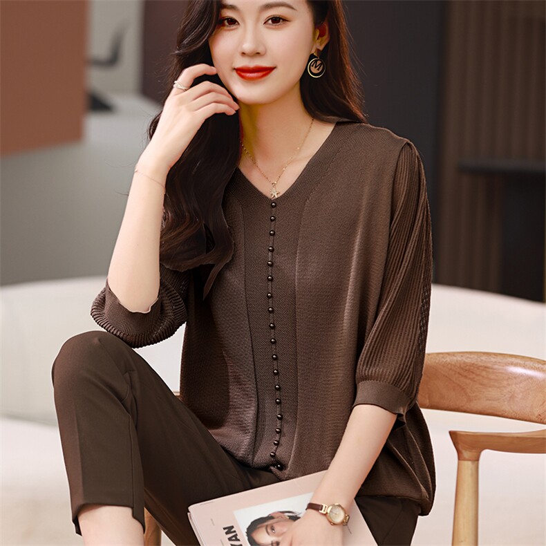 时尚优雅九分袖珍珠装饰上衣显瘦修身V领女装卫衣,女装卫衣/绒衫,梦芯尔