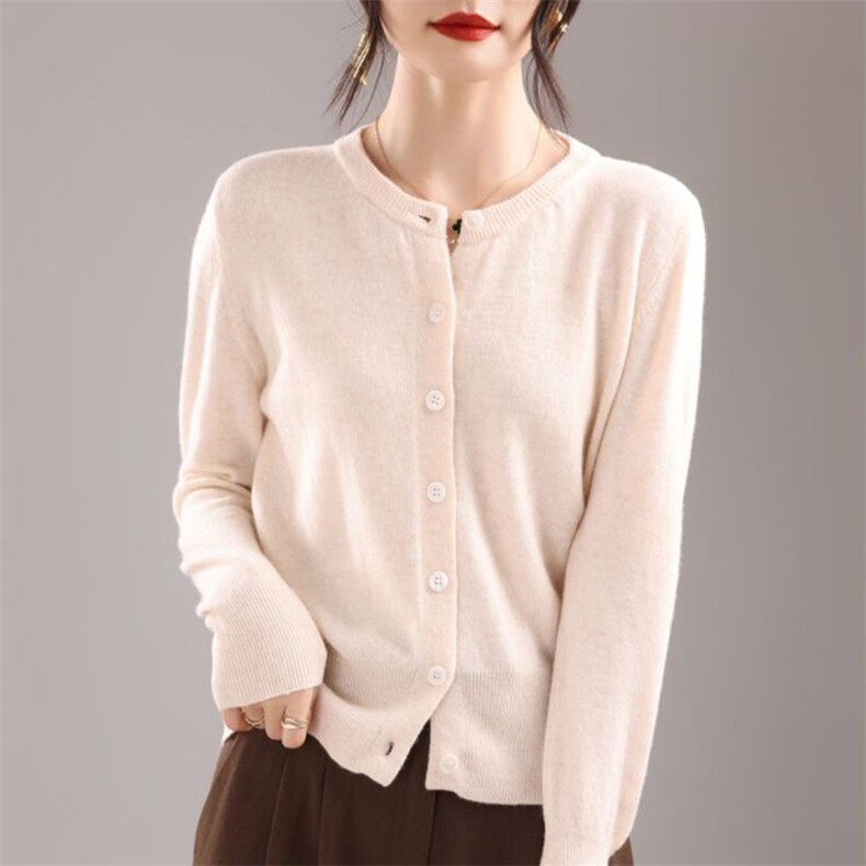 百搭女秋季修身显瘦圆领高腰针织开衫气质长袖毛衣外套简约大方，女装针织衫/毛衣，奢优羊绒