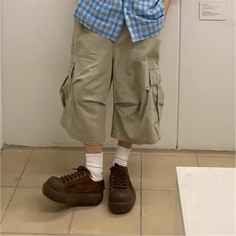 美式复古纯色牛仔七分裤多口袋设计工装裤水洗短裤男女潮流2025夏，女装休闲裤，星座506A