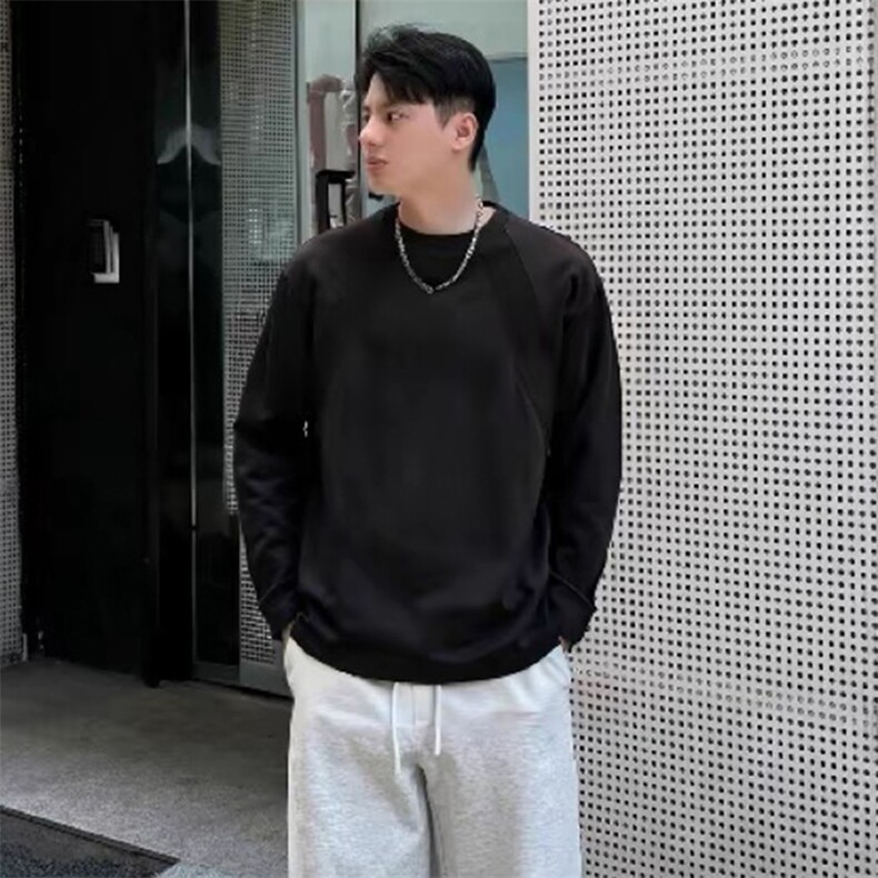 抖音得物品质26春装美式高街曼巴棉螺纹拼接卫衣圆领长袖T恤YT164,男装T恤,电商A486-1