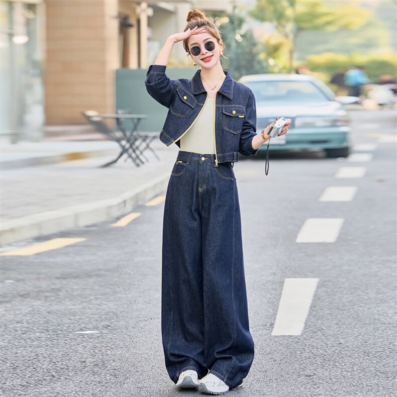 牛仔套装女2025春秋新款韩系高级感超火休闲洋气减龄阔腿裤两件套,女装套装/套裙,浪花E族（衣布洛）