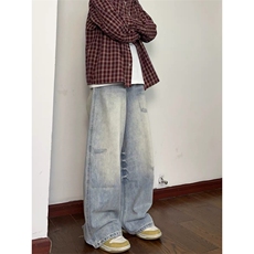 抖音质量女风美式浅蓝色割破牛仔裤ZK0268-P50，男装牛仔裤，星座313A(原308A-2)