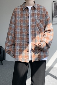 衬衫男秋季新款港风宽松大码磨毛格子扎染长袖衬衣CS506-P35图片