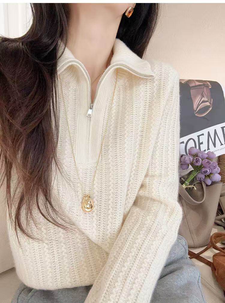 2025年秋季针织通勤套头单件长袖时尚百搭通勤半拉链，女装针织衫/毛衣，半城羊绒