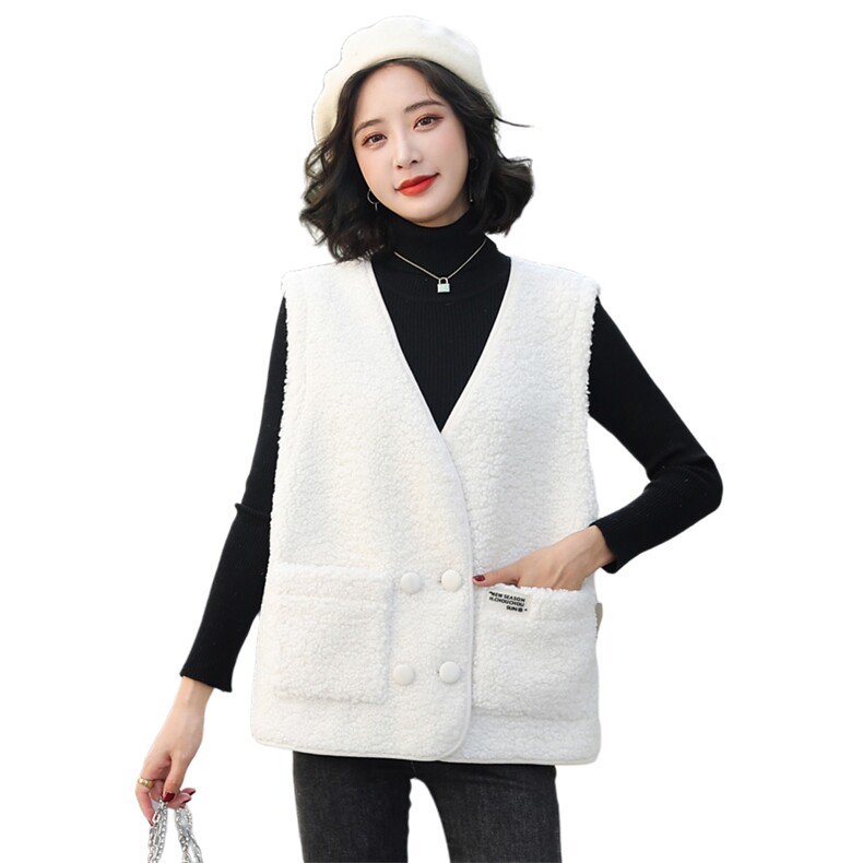 现货2025年冬新款时尚简约皮袢大方双排扣休闲皮毛一体马甲外套,女装马甲,印象茜