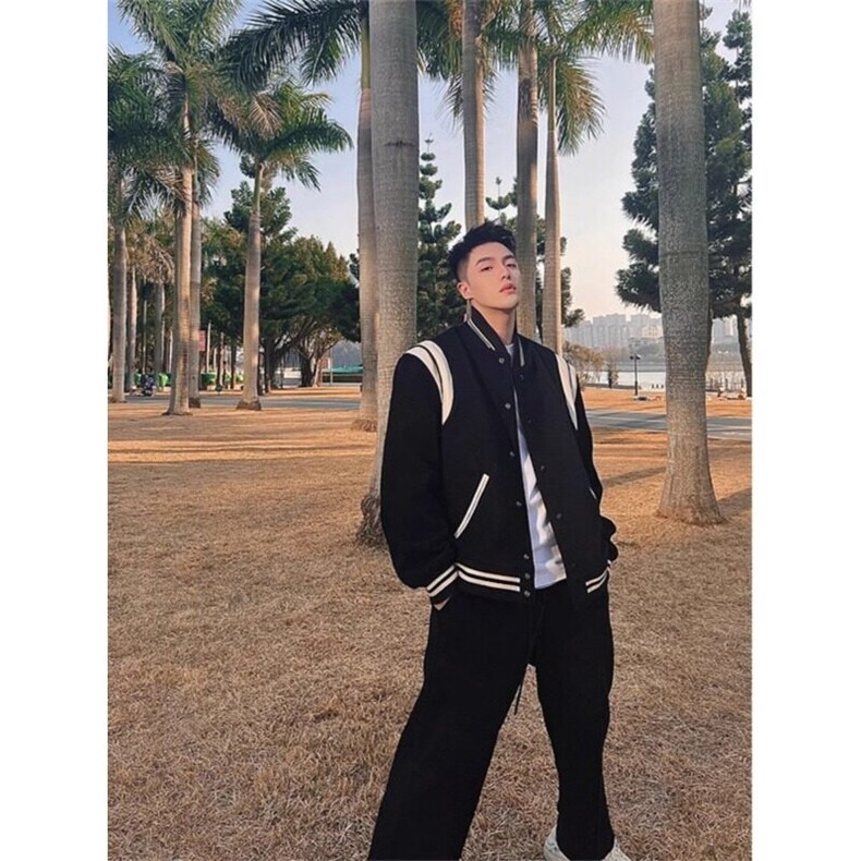 黑白撞色棒球服外套男春秋新款美式潮牌高级感宽松毛呢飞行员夹克,男装夹克,星座601-2