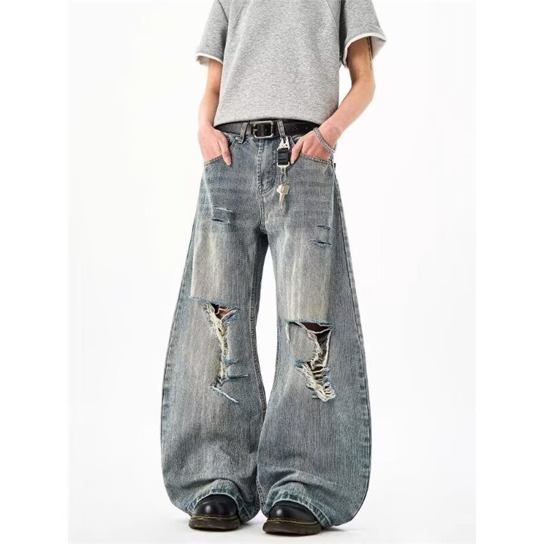AK2123-P50美式街头水洗做旧破洞直筒宽松牛仔裤，女装休闲裤，星座617A-2