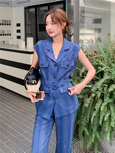 《现货26夏上新》大量现货100%亚麻条纹透气时尚长裤两件套装女图片