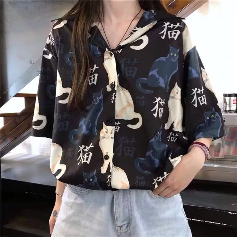 121-P23日系复古腰果花满印短袖衬衣男女潮牌痞帅宽松,男装T恤,电商B323A