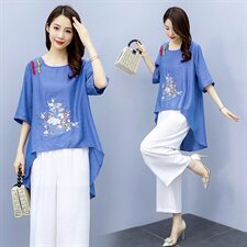 2021夏季新款简约气质圆领复古盘扣装饰时尚图案刺绣棉麻两件套，女装套装/套裙，韩宇舍