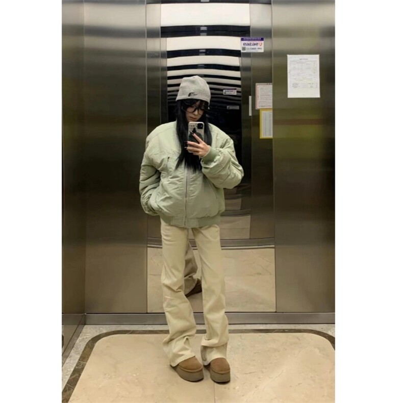 （现货）豆绿色大拉链口袋男女棉服立领棉衣,男装棉衣,星座807