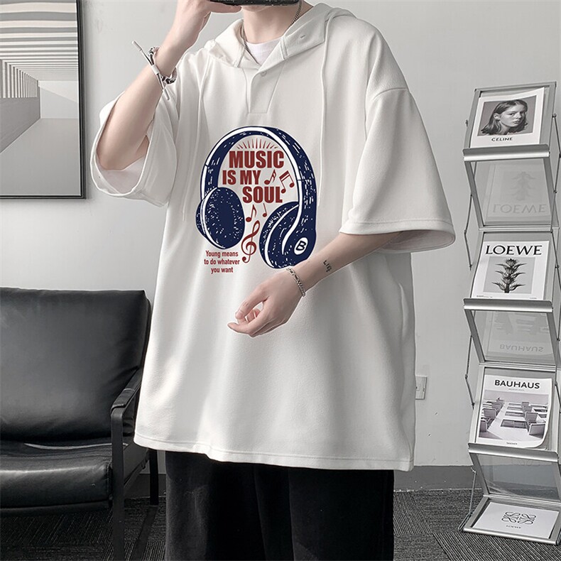 LD54422-P45NASA 连帽短袖t恤男大码胖子带帽五分袖中袖图片