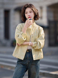 小个子立领拼接皮衣纽扣长袖女装常规见详情短款时尚春秋休闲百搭图片