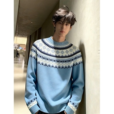 JY618-P55学院风费尔岛提花圆领套头针织衫宽松慵懒毛衣上衣，男装针织衫/毛衣，星座1501-3