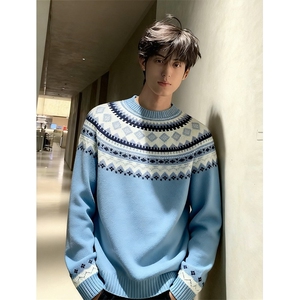 JY618-P55 学院风费尔岛提花圆领套头针织衫宽松慵懒毛衣上衣图片