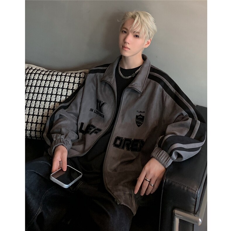 鹿皮绒立领夹克外套男女情侣复古潮春秋宽松运动棒球服JK108-P78,男装夹克,电商C307